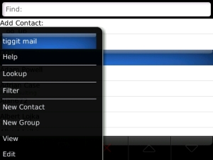 BlackBerry Contact List showing tiggit mail menu